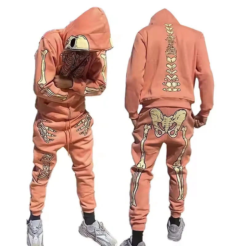 Custom Embroidered Puff Print Skull Skeleton Pattern Sweatsuit Full Face Zip up Hoodie and Sweatpants Set