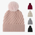 Wholesale Custom Logo Winter Warm Women Solid Color Thickened Plush Lined Acrylic Cable Knit Pom Pom Beanie Hat With Pom