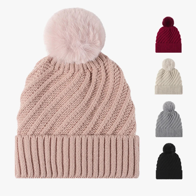 Wholesale Custom Logo Winter Warm Women Solid Color Thickened Plush Lined Acrylic Cable Knit Pom Pom Beanie Hat With Pom