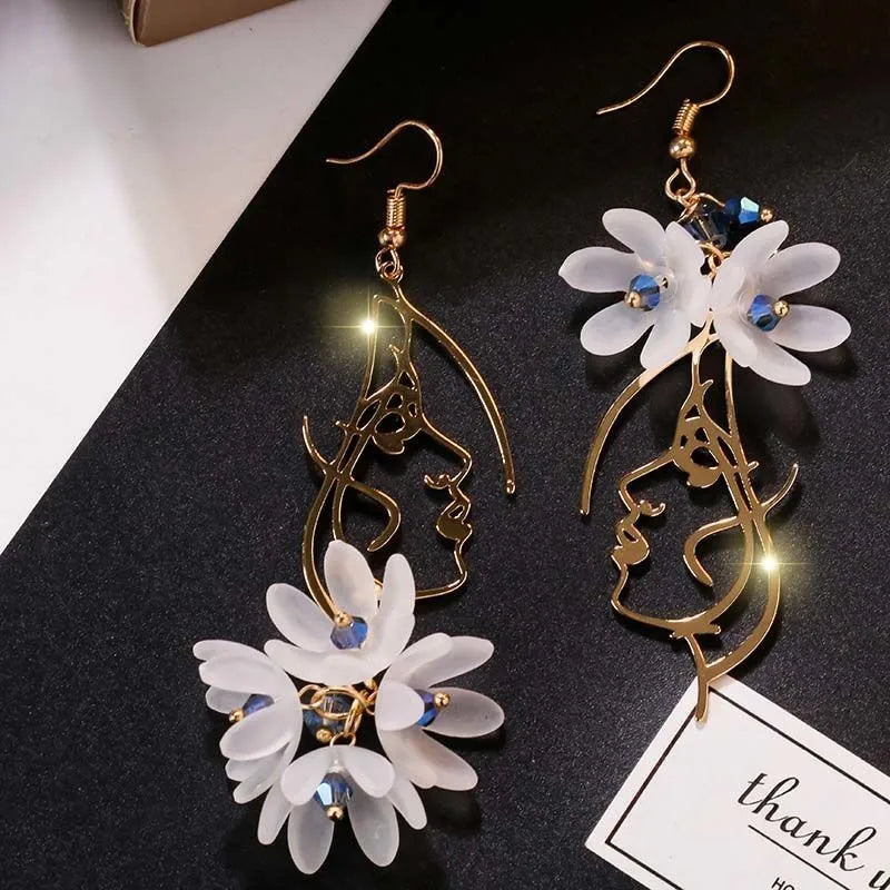 Charm French Flower Petal Long Tassel Earrings Ear Hook Fashion Long Hanging Earrings Crystal Asymmetric Fairy Earrings