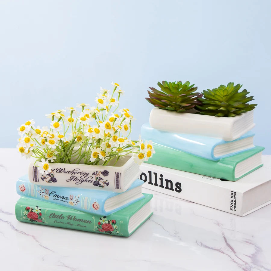 Custom New Indoor Plants Flower Pots Cute Ceramic Ornaments Craft Book Stack Shape Succulent Planters