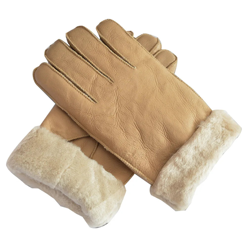 Men's Winter Sheepskin Warmth Fur Gloves Wind Cold Resistance and Thickened Gloves for Cycling