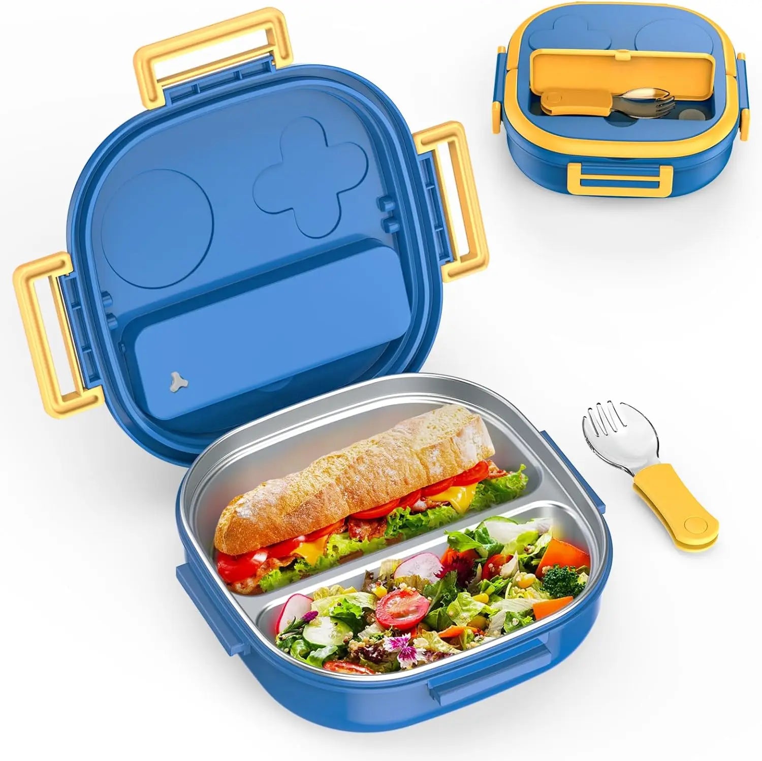 Easy to Carry Bento-style Kids Lunch Box Stainless Steel BPA Free with Portable Cutlery 2 Compartments Food Grade Material
