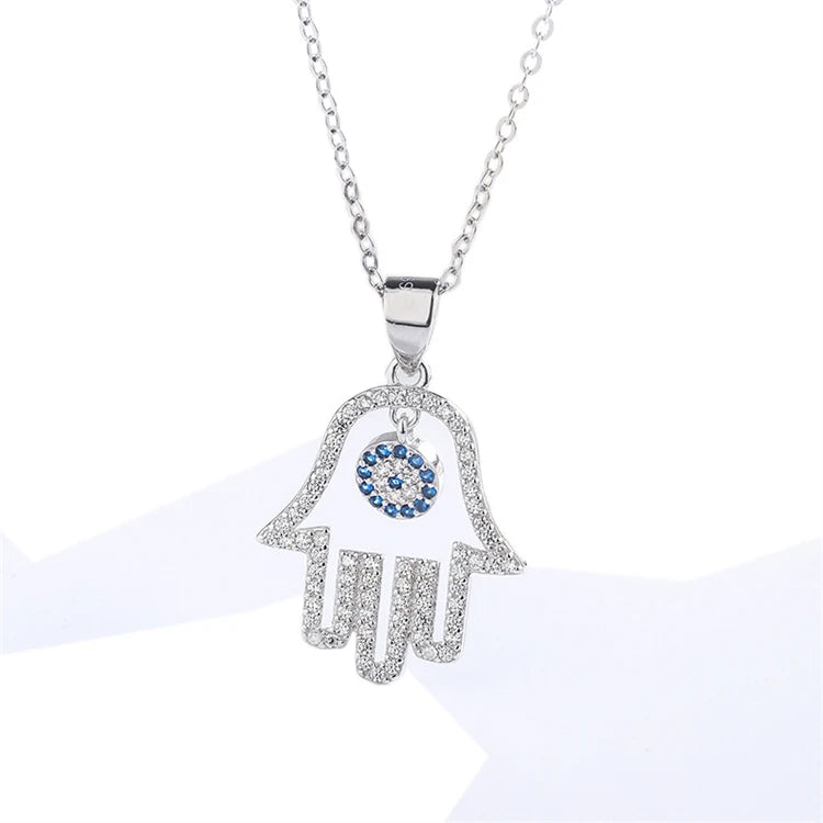 Fashion Jewelry 925 Sterling Silver Turkish Crystal Tiny Eye Hand Hamsa Pendant Necklace for Women