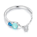 Fashionable 925 Sterling Silver Blue Gemstone Chain Platinum Plated Adjustable Women's Ring
