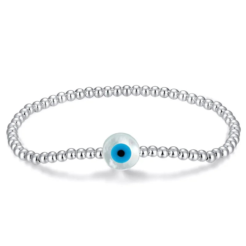 Customized 925 Sterling Silver 3mm Round Small Ball Beads with Cross Hand Shell Blue Devil Eye Charm Bracelet for Women Gift