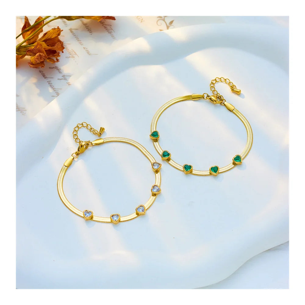 New 18 Gold Plated Tatnish Free Stainless Steel Snake Chain Green Heart Zircon Bracelet Jewelry for Women