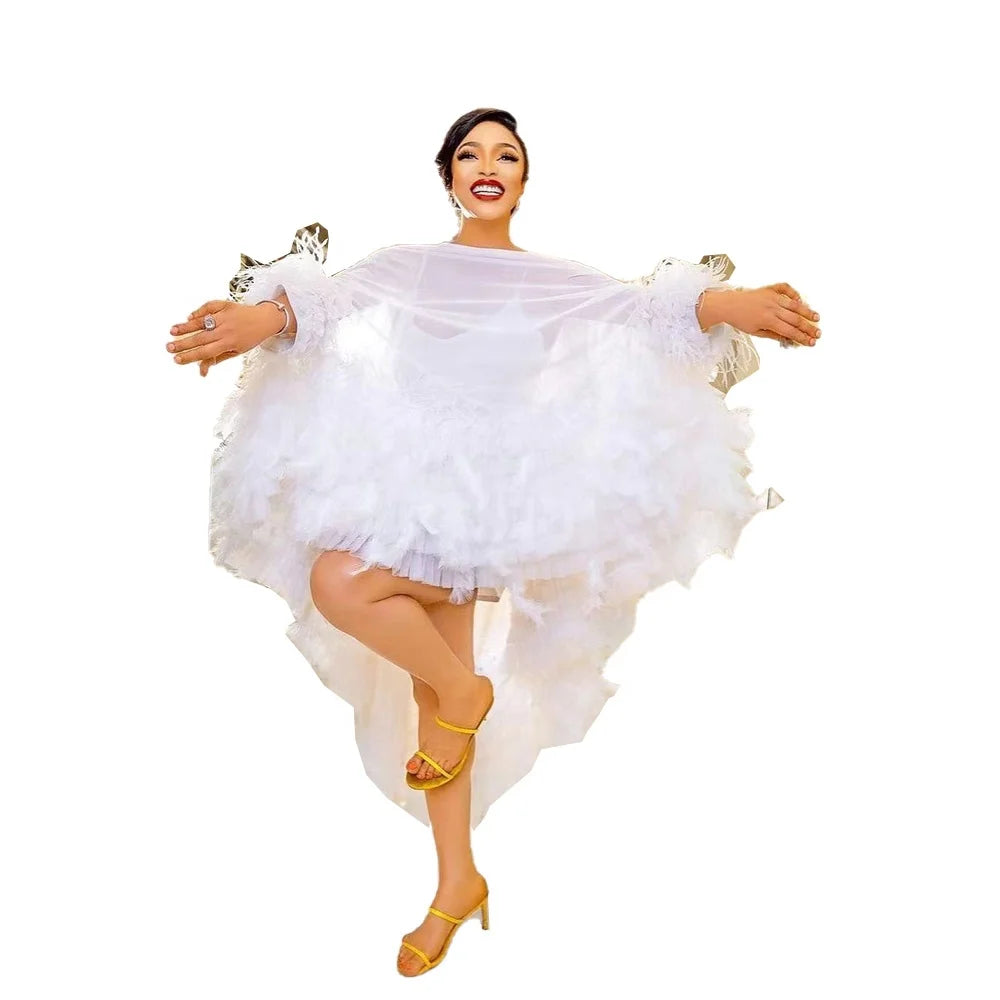 Direct Selling Latest 2023 Ankara Dress African Mesh Gauze Dresses African Women White Feather South African Dress Styles