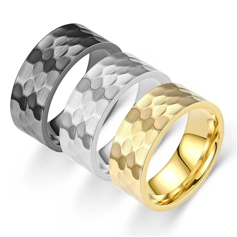 Anillo De Acero Inoxidable Stainless Steel Ring Gold Black Plated Concave Convex Hammering Pattern Ring for Men