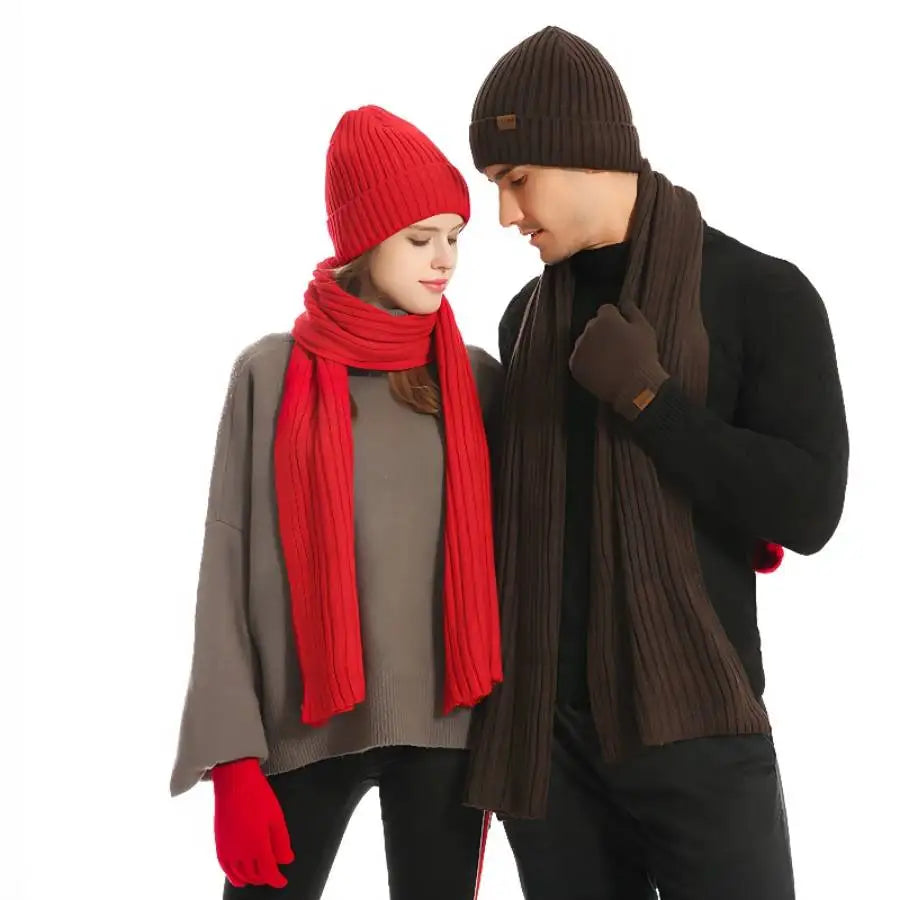 2026 Unisex Cashmere Knitted Thickened Solid Warm Winter Gloves Wool Beanie and Scarf Set