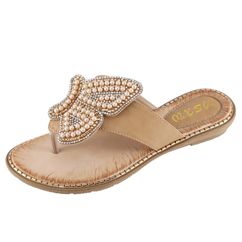 New Breathable Ladies Sandals Slippers Bohemia Rhinestone Pearl Butterfly Decorative Women's Shoes Flip-flops Slippers Summer