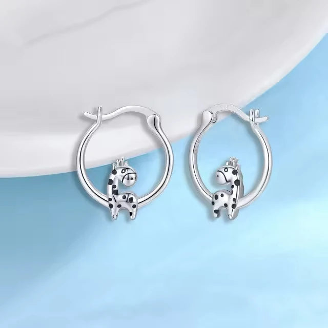 Animal Theme Jewelry 925 Sterling Silver Rhodium Plated Enamel Giraffe Hoop Earrings