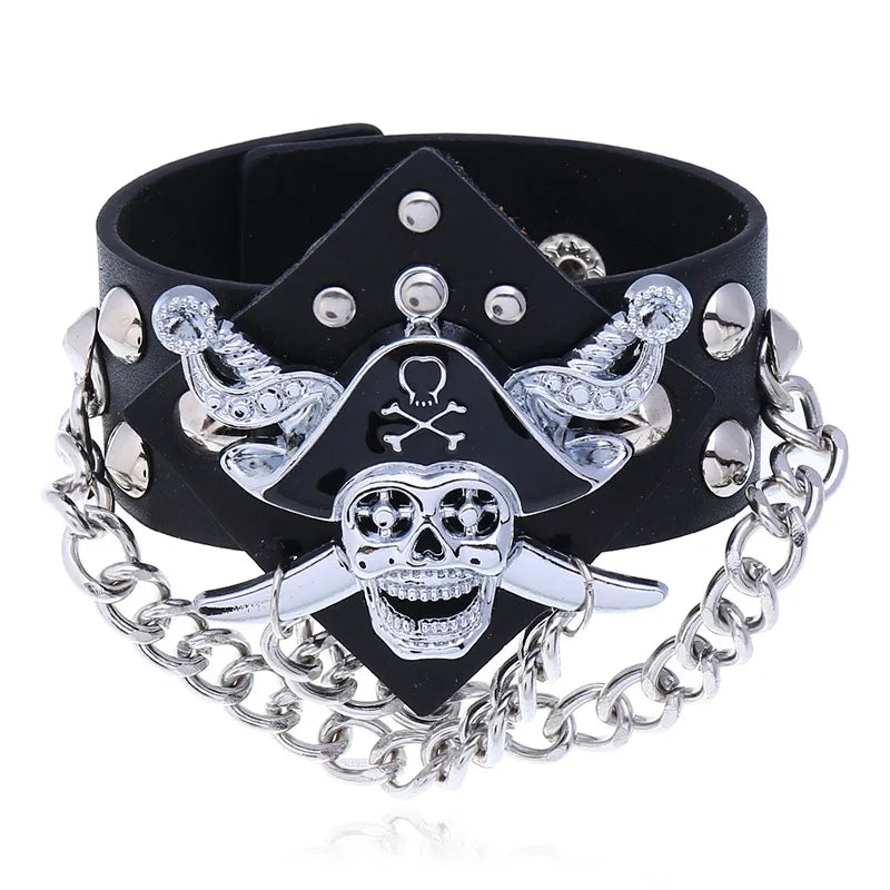 Wholesale Punk Skull Wristband Men's Fashion Cuff Leather Bracelet with Rivet for Style