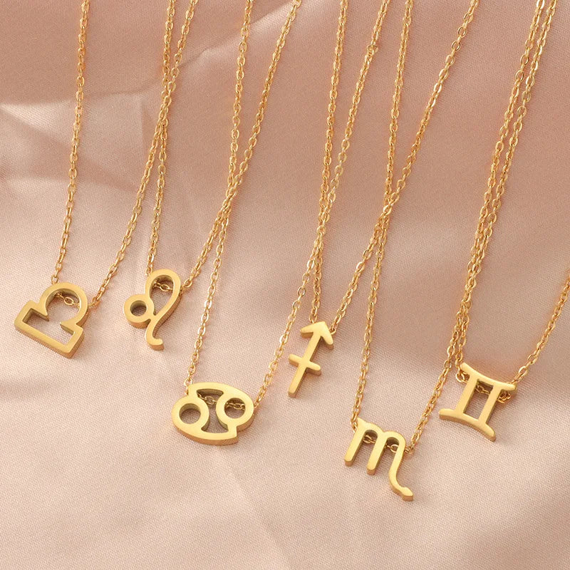 Fashion Non Tarnish Silver 18K Gold Plated Stainless Steel Charm Horoscope Pendant 12 Zodiac Sign Necklace Jewelry for Women