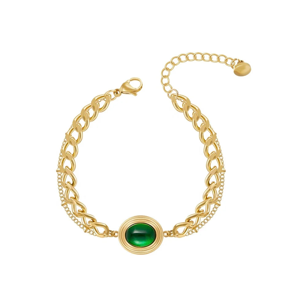 Latest 18K Gold Plated Stainless Steel Jewelry Cuban Chain Oval Green Glass Stone Pendant for Women Accessories Bracelet B232353