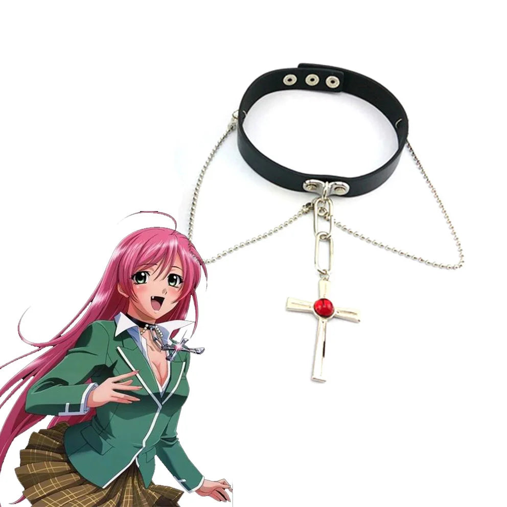 Cosplay Accessories Leather Collar Rosario to Vampire Akashiya Moka Anime Cross Pendant Necklace