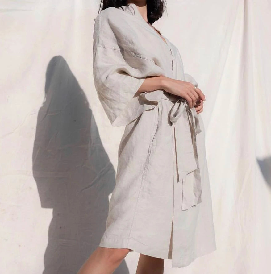 OEKO-TEX Organic 100% Flax Linen Robes for Women Pink 170gsm Soft Breathable for Summer Autumn Spring