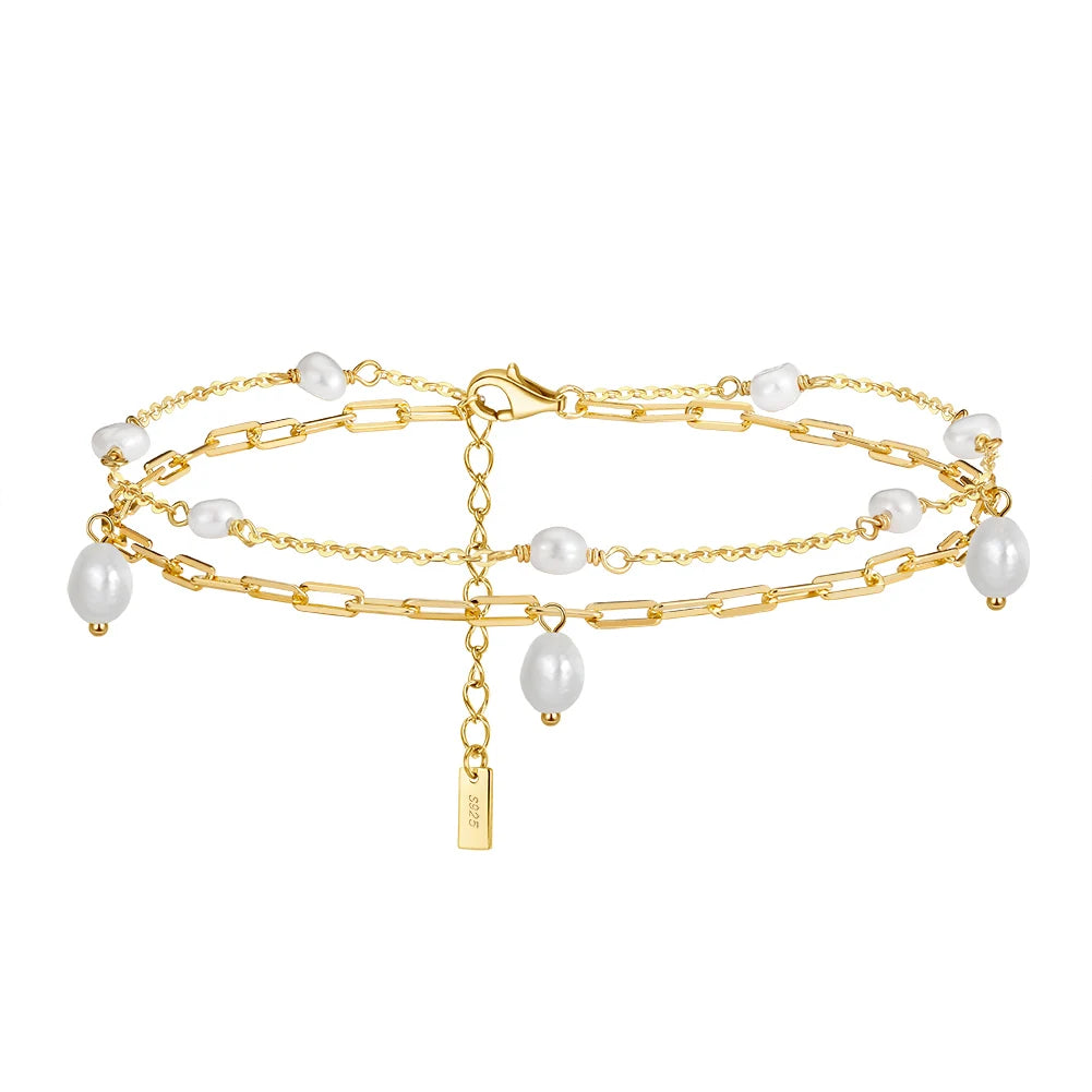 RINNTIN SA51 Pearl Ankle Bracelets for Women 14K Gold Gold Handmade Dainty Layered Anklet for Women Beach Jewelry Gifts