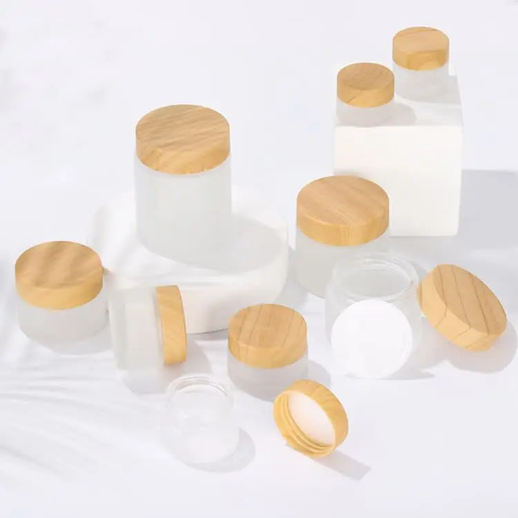 5g10g15g30g50g100g Luxury Empty Cream Cosmetic Frosted clear Glass Jars with Wood Grain Lids