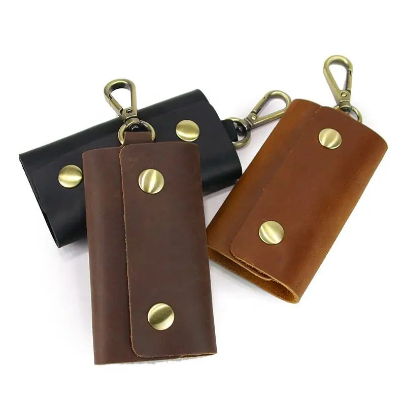 Creative Luxury Men's Black Metal Key Chains Genuine Leather Car Key Holder and Gift Small Stainless Steel Keychains