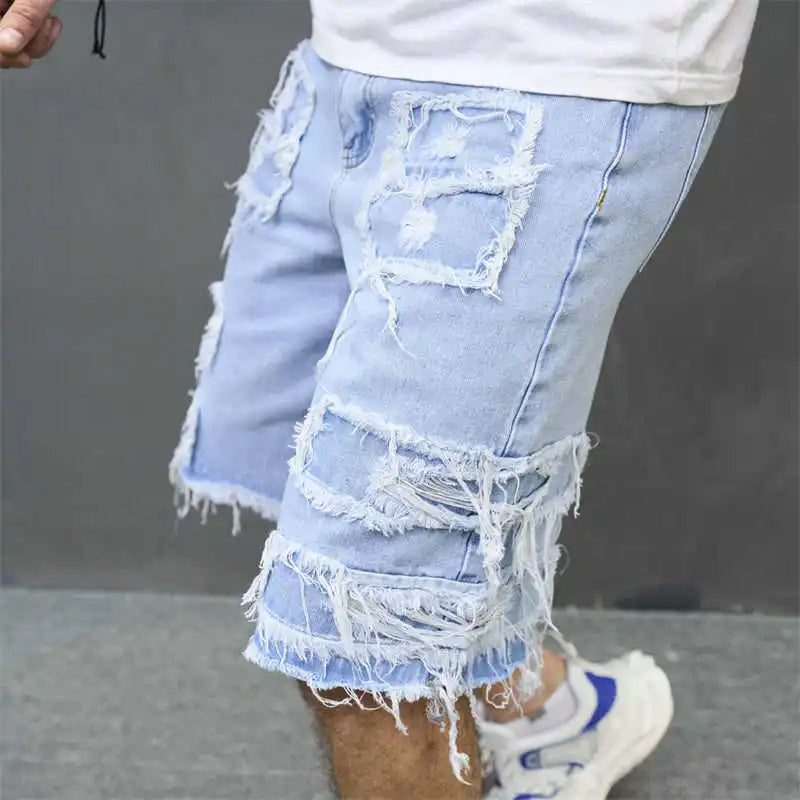 RNSHANGER High-Streets Summer Ripped Denim Shorts Casual Mid Waist Hole Knee Length Washed Jeans Loose Fit Hip Hop Short Pants