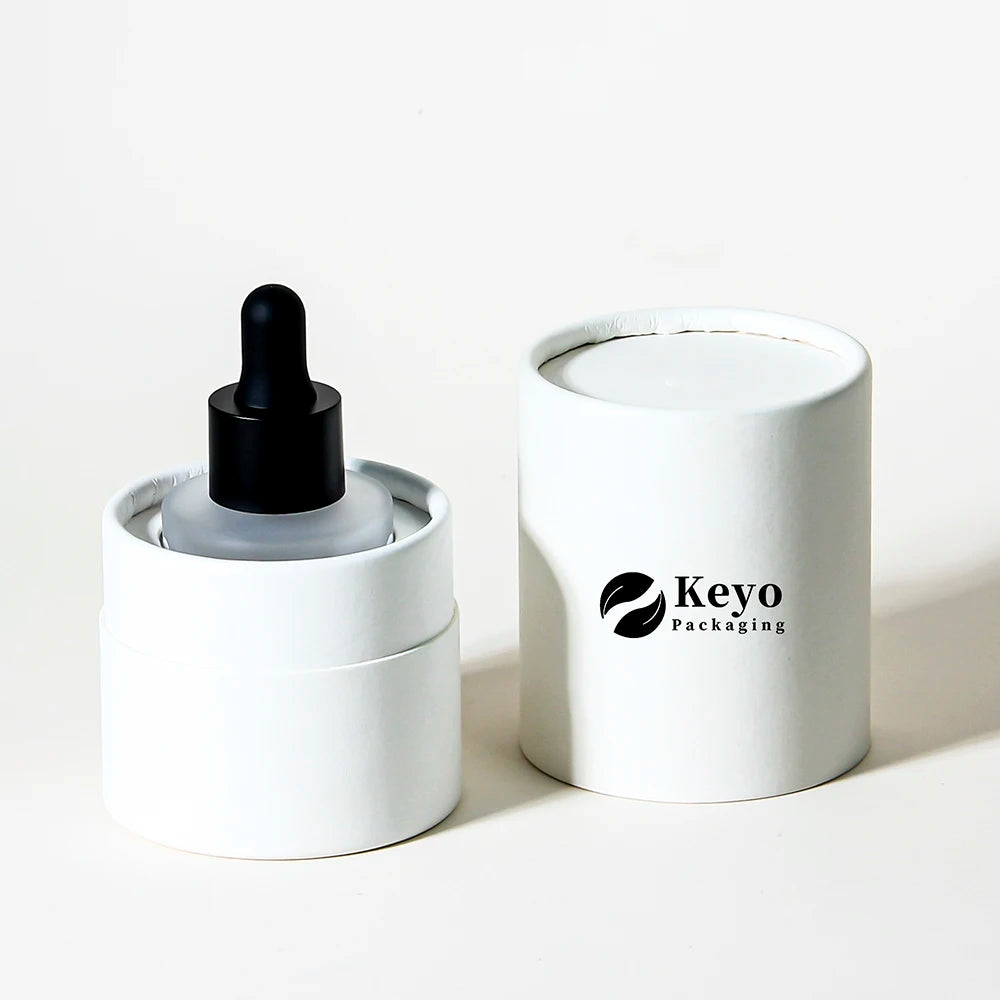 1oz 30ml Cosmetic Skincare Cylinder Frosted Beard Hair Essential Oil Serum Glass Dropper Bottle With Cylinder Tube Box Packaging