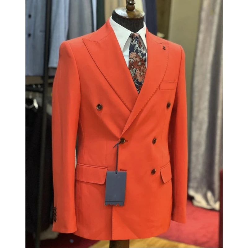 Orange Red Blazer Coat Men Suits Double Breasted Jacket Pants Set 2 Pieces Double Breasted Office Casual Man Suit Wedding Terno