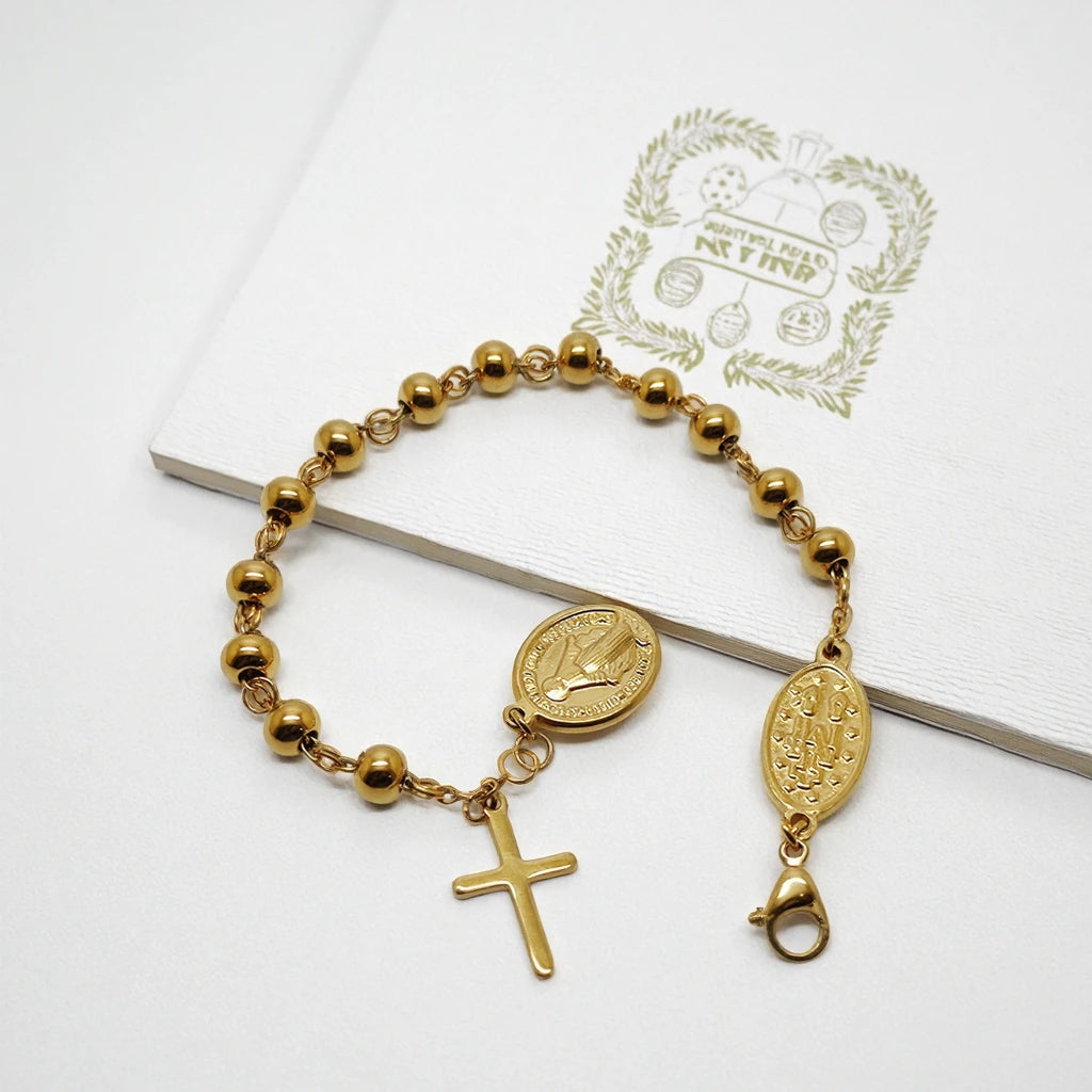 Olivia Catholic Rosary Beads Cross Bracelets Virgin Mary Rosary Stainless Steel 18k Gold Charm Bracelet