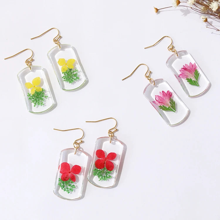 Fashion Women Real Flower Earring Charms Bloom Dried Pressed Flower Jewelry Geometry Resin Blossom Earrings