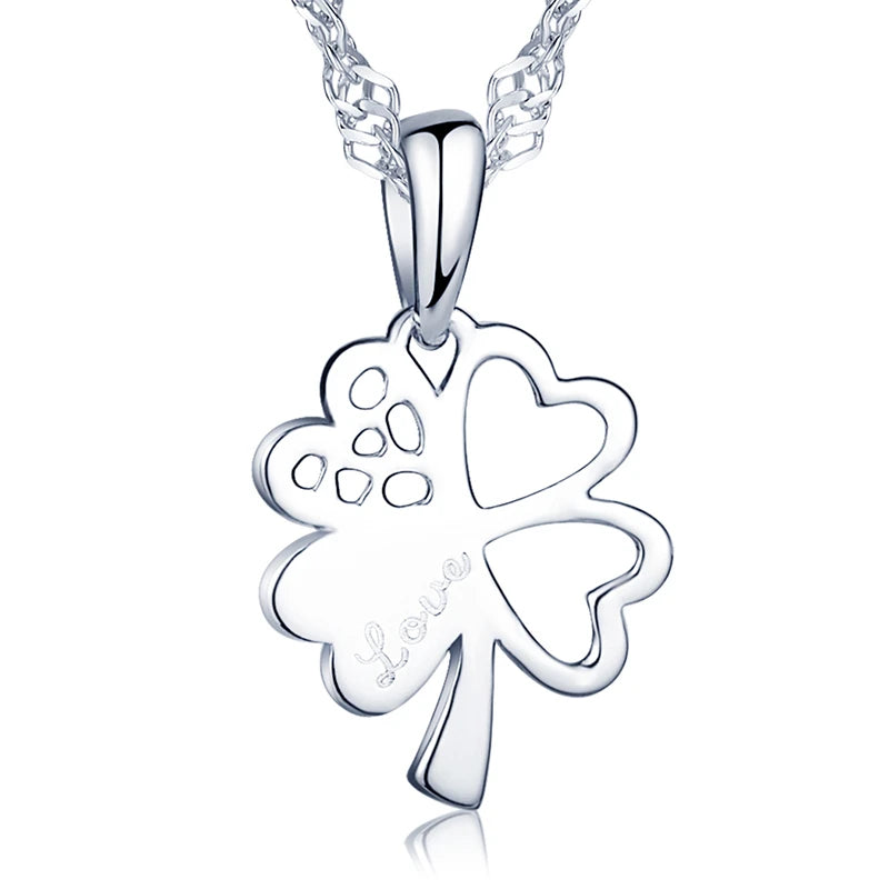 Hollowed S925 Sterling Silver Pendant Necklace for Women Four-leaf Clover Heart Engraved Love Vintage Style Rhodium for Weddings