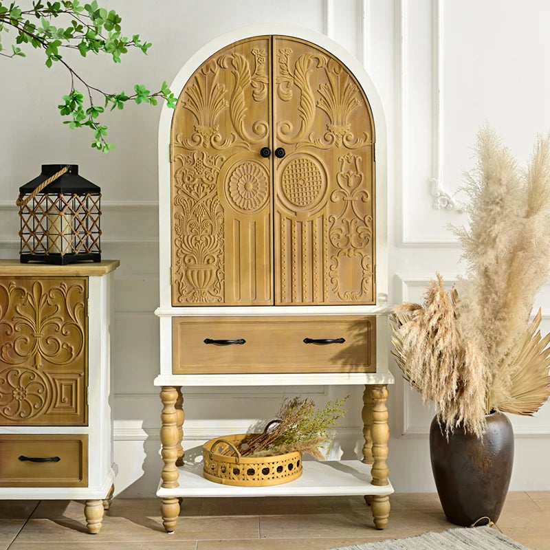 INNOVA Vintage White Solid Wood Tall Sideboard Cabinet Carved Door with Drawer and Shelf for Home Bar or Farmhouse Living Room