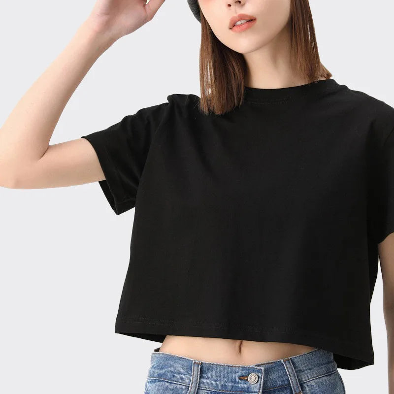 Women's 100% Cotton T-Shirt Summer Streetwear Crop Top with Custom Logo Hot Stamping 210GSM Hip Hop Style Breathable for Sport