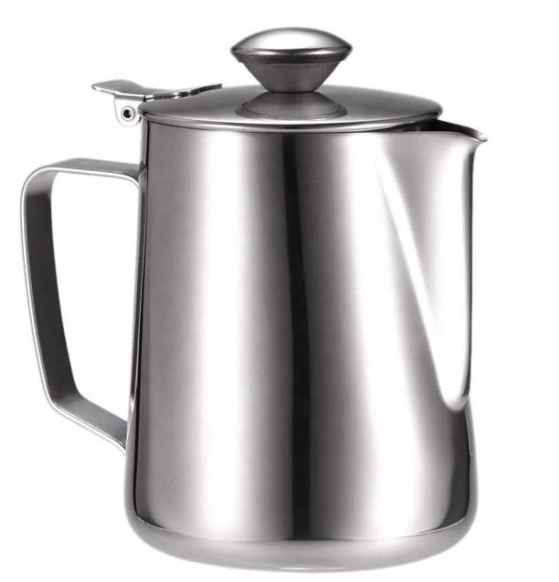 Manufactures Hot Sale Silver Finished 350ml Stainless Steel Coffee Pitcher Craft Latte Milk Frothing Pitcher Jug With Lid