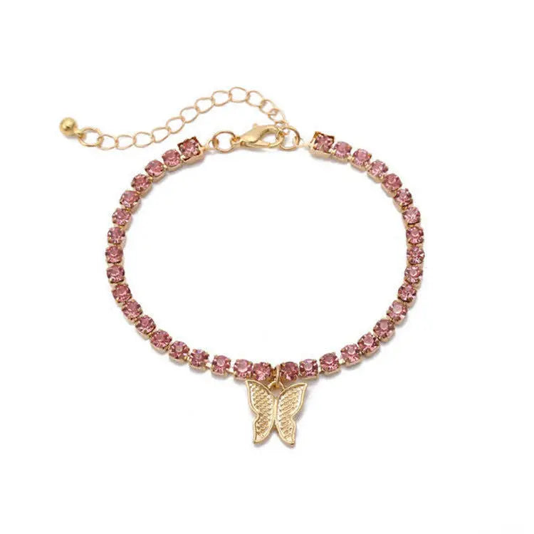 Best Selling Women's Trendy Gold Silver Pink Luxury Butterfly Charms Crystal Bling Diamond Zinc Alloy Tennis Bracelet