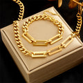 Hip Hop Women 2 Pcs/Set Gold Plated Paperclip Chain Bracelet Chunky Stainless Steel Cuban Link Chain Necklace Jewelry Set