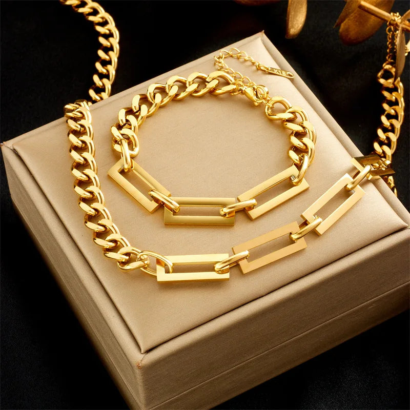 Hip Hop Women 2 Pcs/Set Gold Plated Paperclip Chain Bracelet Chunky Stainless Steel Cuban Link Chain Necklace Jewelry Set