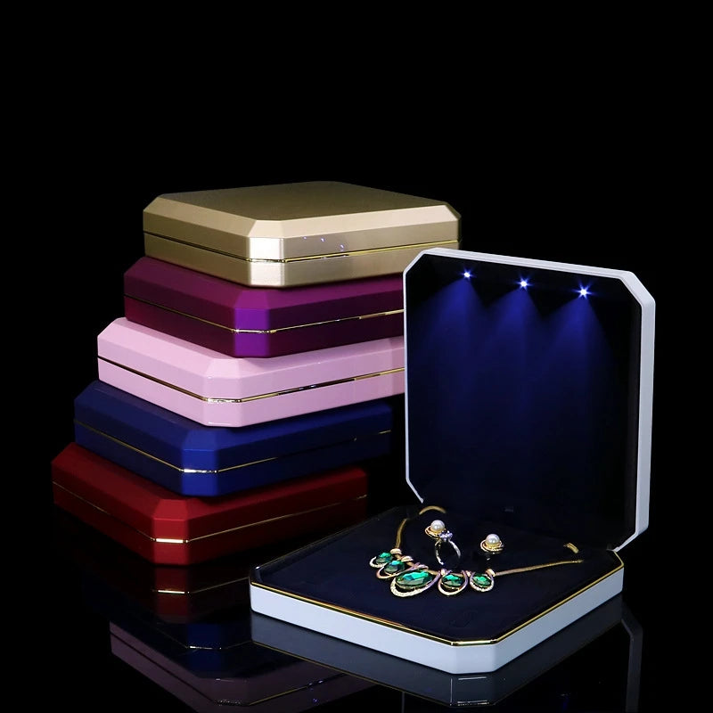 Plastic Lacquer Finish Square Handmade Large 3 LEDs Jewelry Set Ring Earring Necklace Gift Display Storage Box