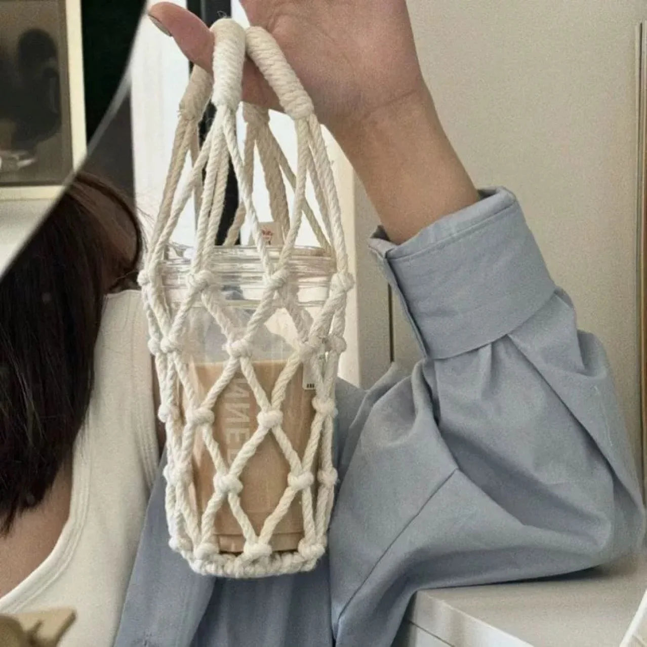 Ins Internet Celebrity Pure Hand-Woven Satchel Mesh Bag Water Milk Tea Coffee Cup Travel Cover Net Pocket for Cup Protection