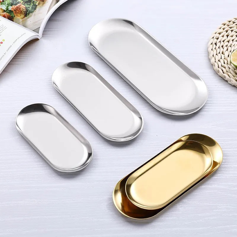 Silver Oval Towel Storage Fruit Cosmetics Jewelry Trays Metal Organizer Cookie Rolling Stainless Steel Gold Decorative Plate