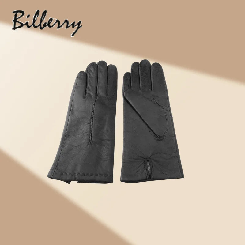 Sample Support Autumn Winter Full Finger Black Sheepskin Leather Gloves Touch Screen Compatible Warm for Daily & Outdoor Use