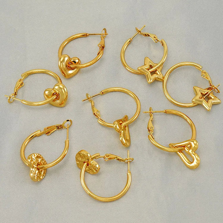 ES1234  Non Tarnish Free Fashion Fun 18k Gold Stainless Steel Star Heart Crossed Dangle Hoop Earrings Coquette Earrings
