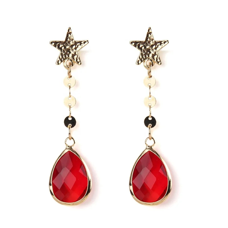 JH Wholesale Star Stud Women Jewelry Red Drop Crystal Glass Charm Earring for Women Gift