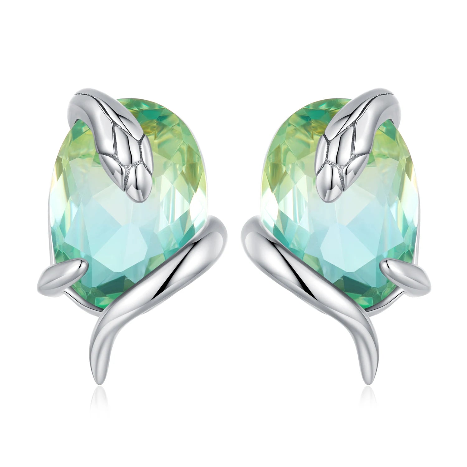 Wholesale Original Design 925 Sterling Silver Snake Stud Earrings Gradient Green Transparent Glass Earrings for Women BSE731