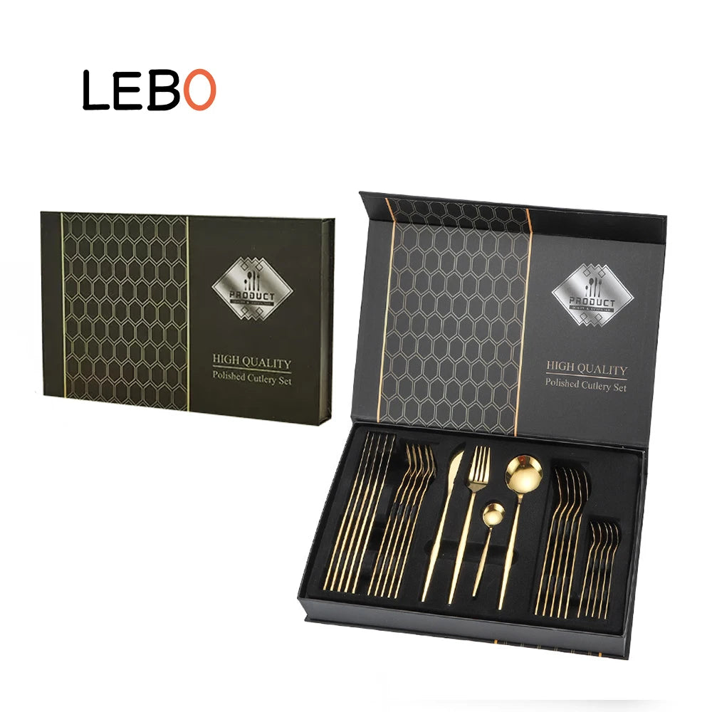LEBO 24pcs Flatware Gift Box Set Kitchen Restaurant Stainless Steel Gold Flatware Cutlery Set for Wedding