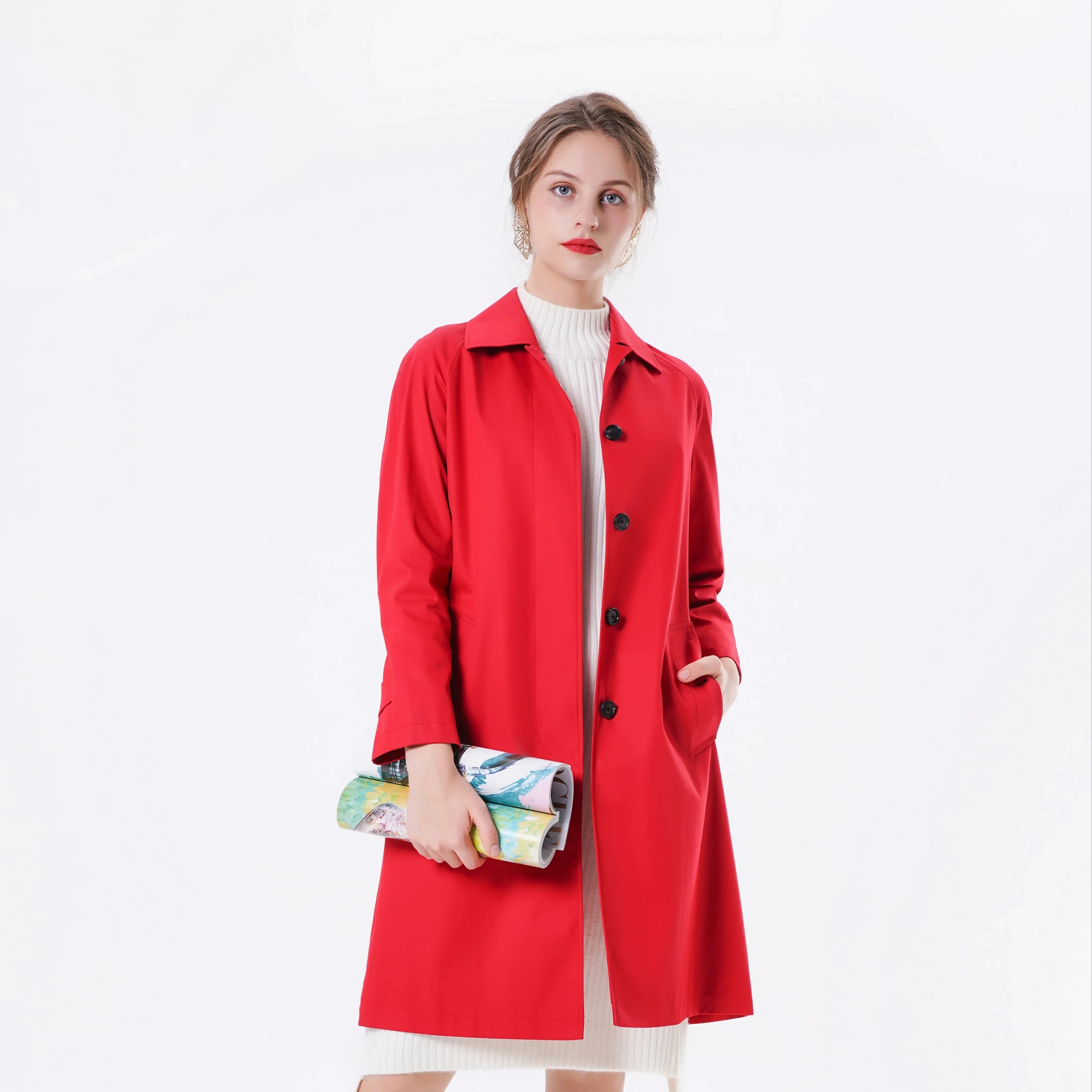 Bosha 2023 Women's Casual Long Trench Coat Solid Style with Buttons for Autumn Red