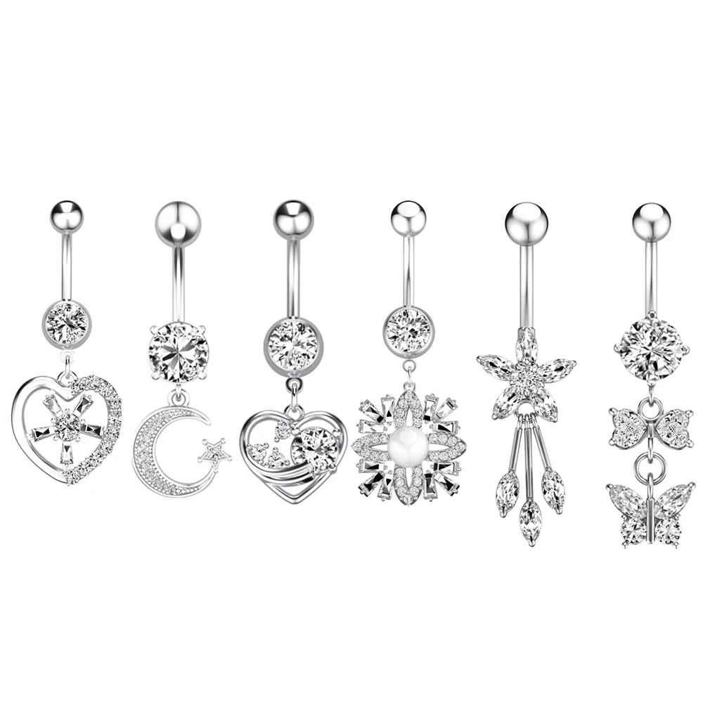 Set 10 Long Dangle Flower Body Jewelry Stainless Steel Zircon Inlay Heart-Shaped Pentagram Piercing Fashion Piercing Jewelry