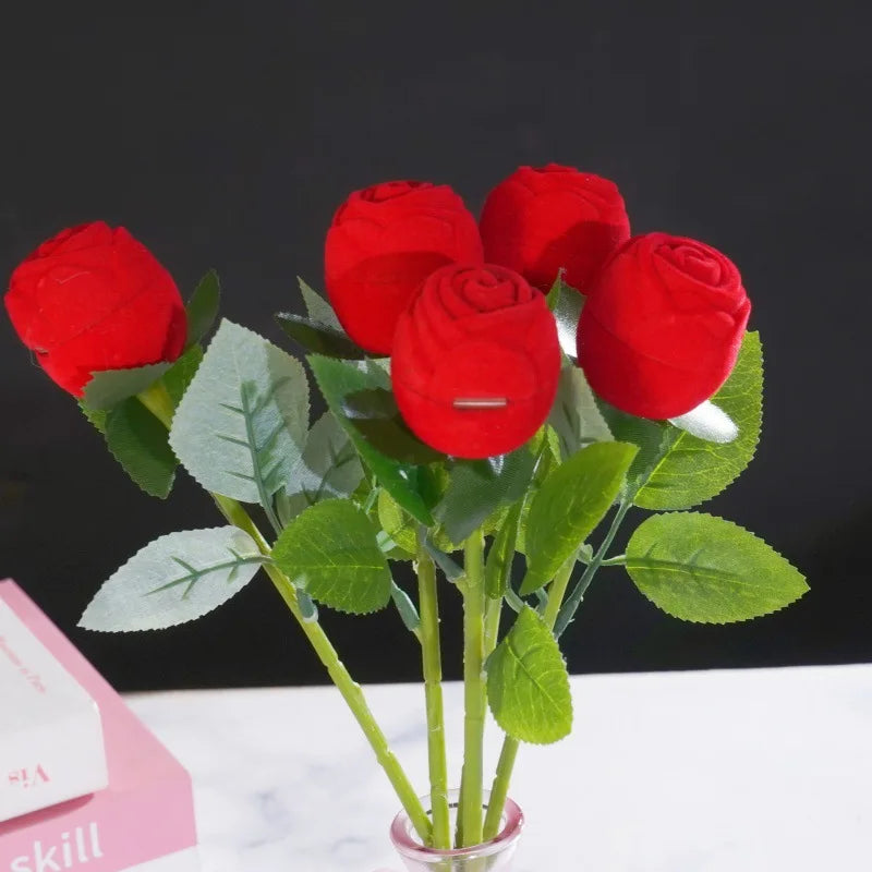 Rings Box Rose Head with Long Stem Long Stemmed Flower Jewelry Box Ring Box Packaging for Wedding Rings/Valentine's Day