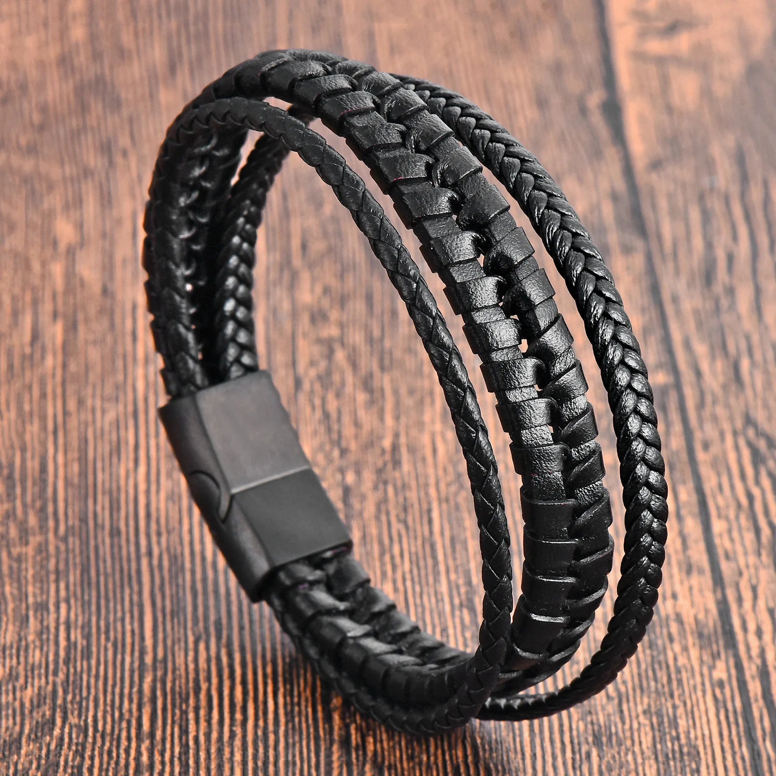 Classic 21cm Multilayer Genuine Leather Men's Bracelet Hand-Woven Punk Style Stainless Steel Fashion Bangle for Friends Charm