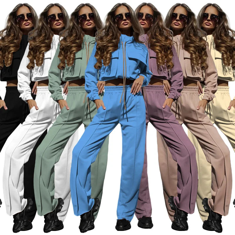 Autumn/Winter Casual Stylish Short Pullover New Solid Pattern Zip-Up Long Sleeve Drawstring Pockets Coordinating Trousers Set