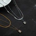 Minimalist Advanced 18K Gold Plated Geometric Square Zircon Double Layer Chain Stainless Steel Necklace